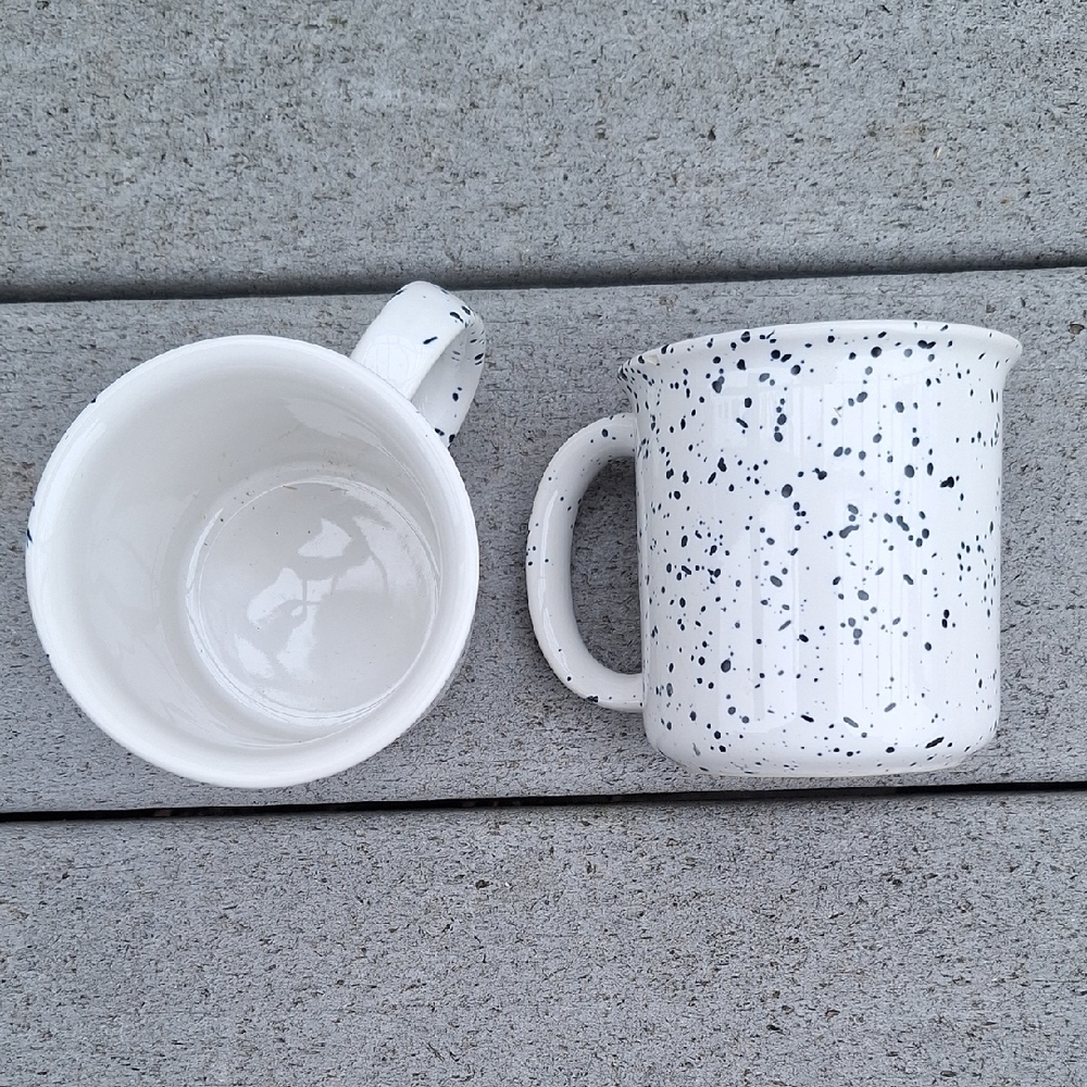 White Ceramic Mugs with Blue Speckles